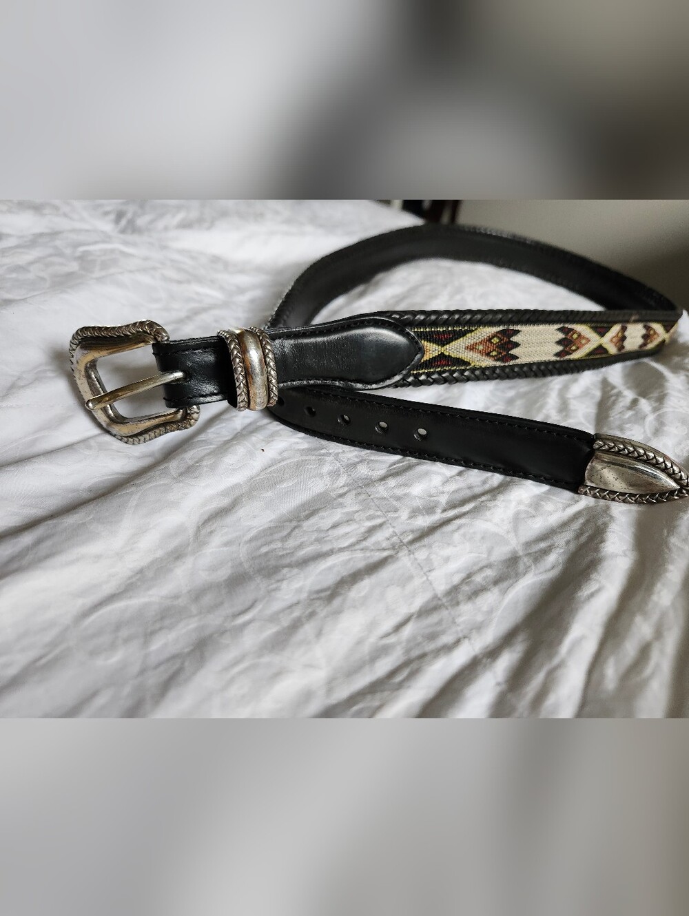 Tony Lama Black Leather Cowgirl Belt with Woven Cream and Brown Aztec Pattern